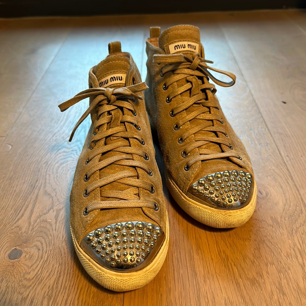 Miu Miu high top sneaker, beige suede with metal cap toe detail, size 38.5